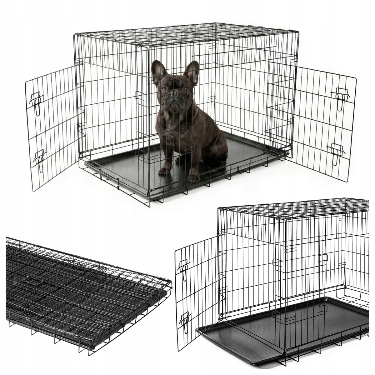 Klatka kennelowa dla psa 74 x 46 x 52 cm metalowa, składana, z tacką i dwojgiem drzwi