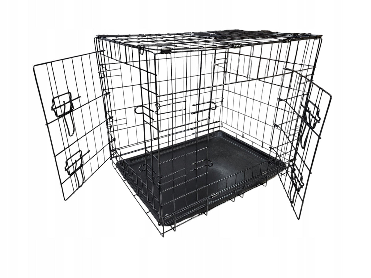 Klatka metalowa dla psa i kota 89x59x66 cm z tacą, dwoje drzwiczek, składana – czarna