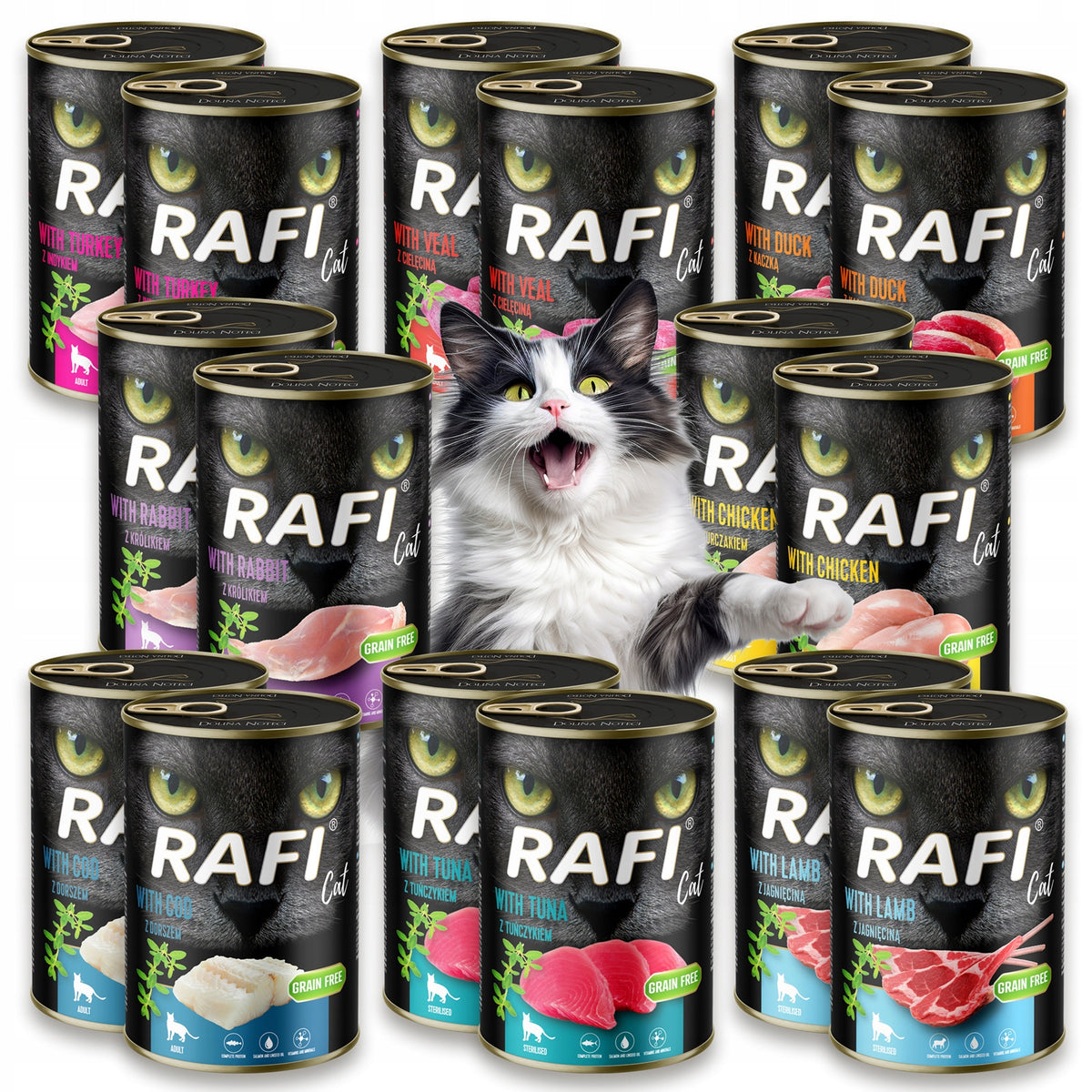 Rafi Mokra karma dla kota bezzbożowa 16 x 400 g w puszkach – mix smaków