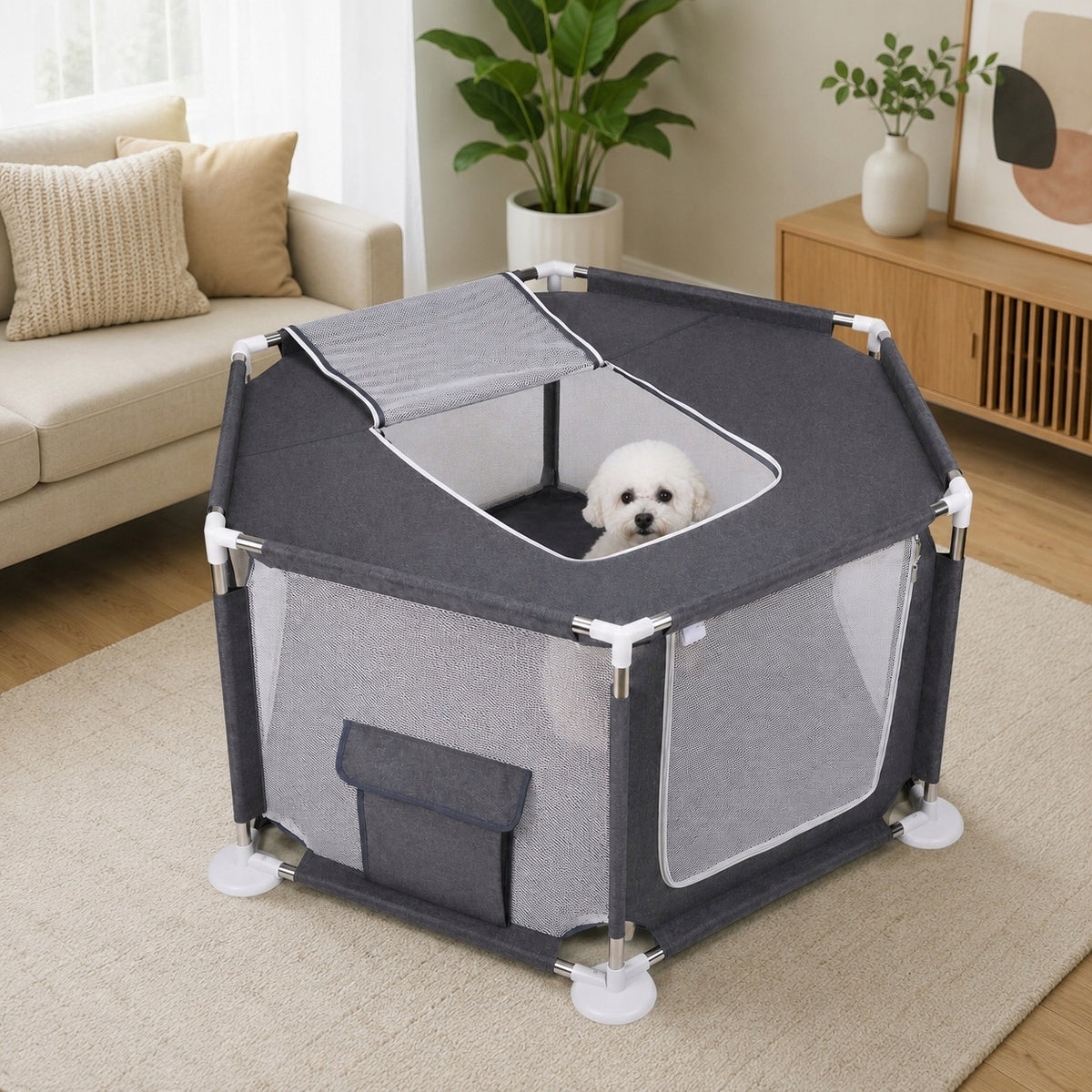 DAZAPETS Kojec dla psa i kota składany 107,9 x 63,1 x 65,9 cm z siatką i podłogą – XL