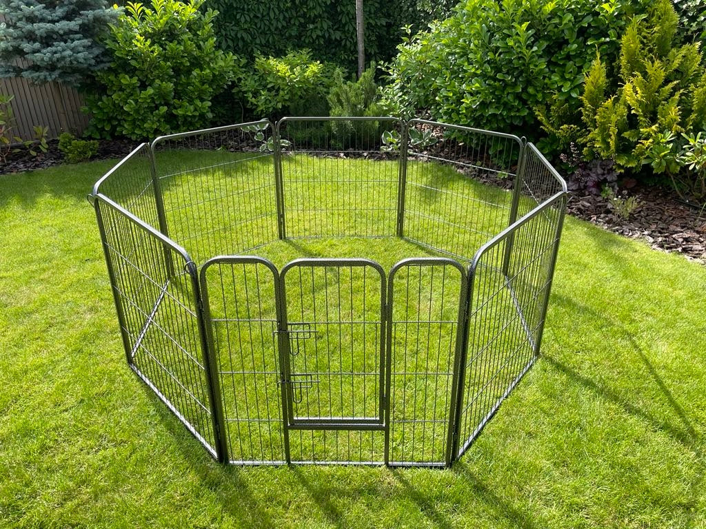 Metalowy kojec dla psa 8 elementów 80 cm, składany wybieg z drzwiczkami – czarny