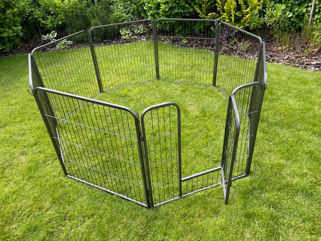 Metalowy kojec dla psa 8 elementów 80 cm, składany wybieg z drzwiczkami – czarny