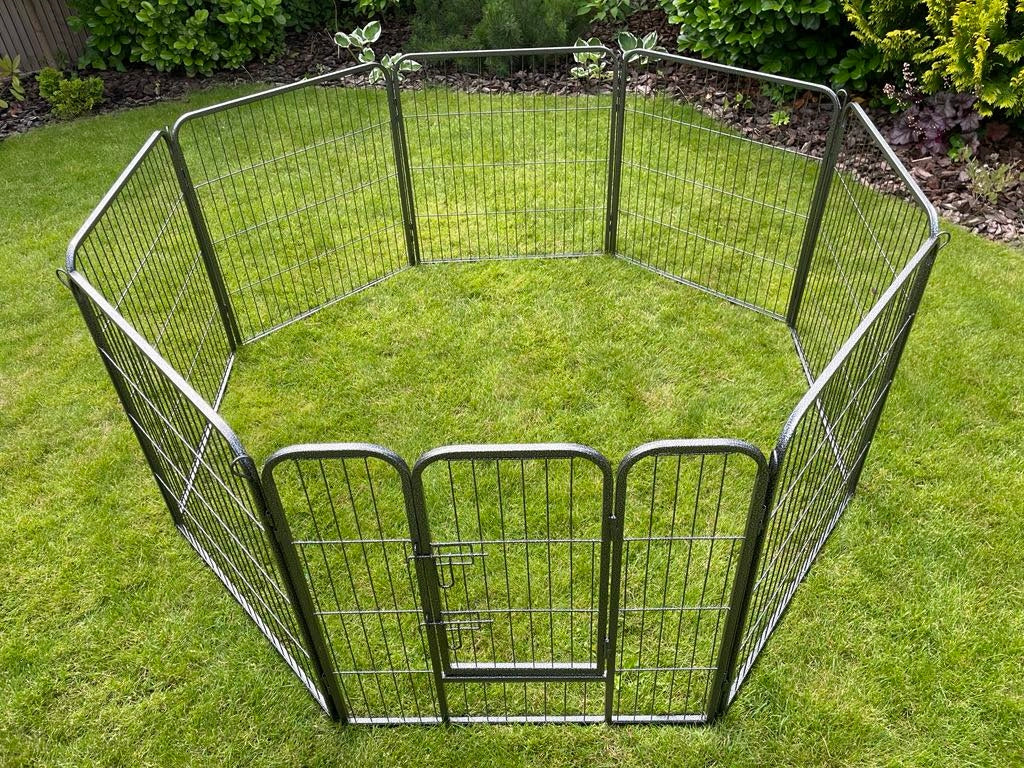 Metalowy kojec dla psa 8 elementów 80 cm, składany wybieg z drzwiczkami – czarny