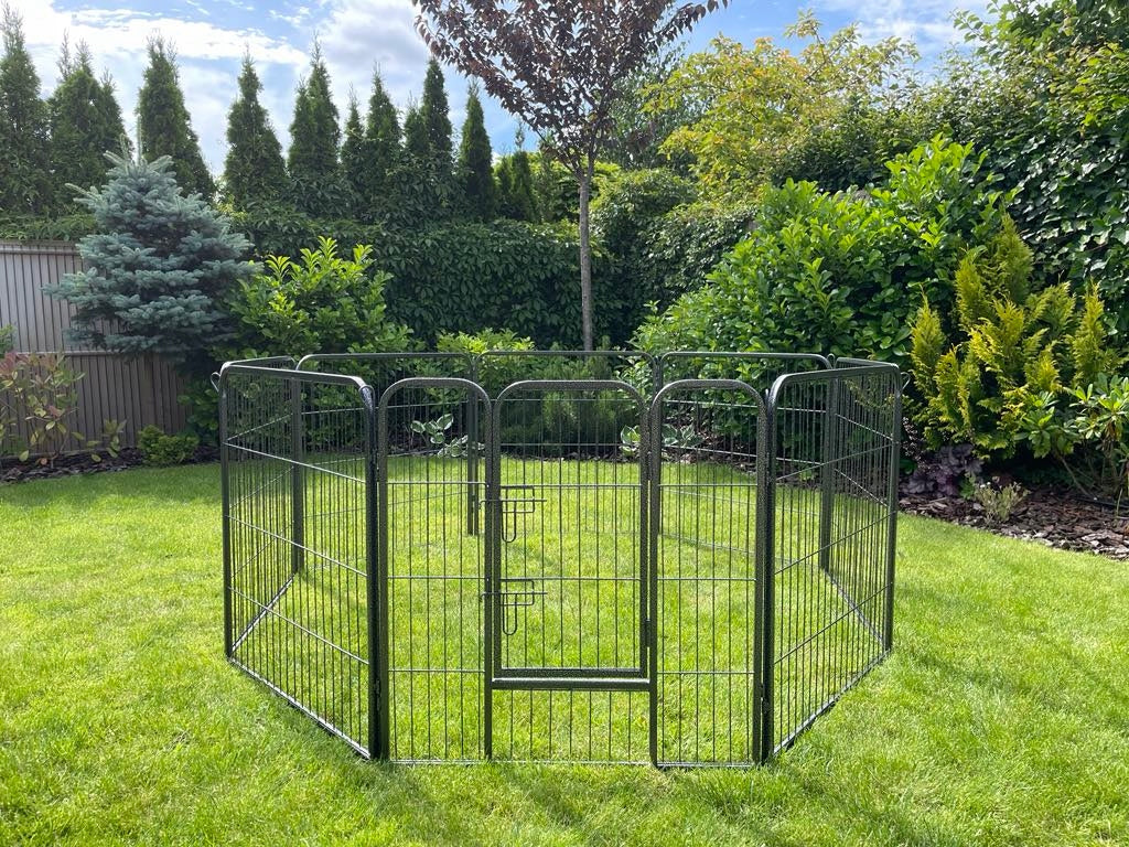 Metalowy kojec dla psa 8 elementów 80 cm, składany wybieg z drzwiczkami – czarny