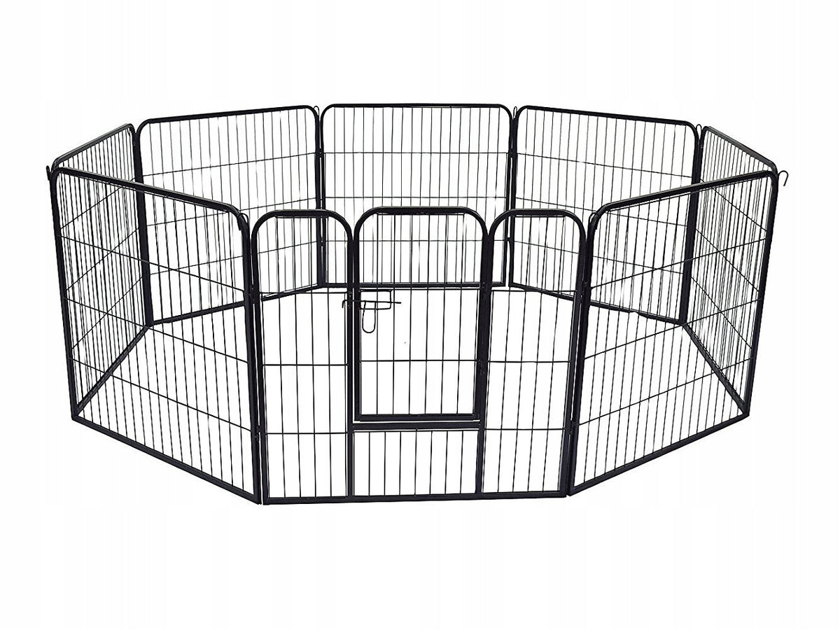 Metalowy kojec dla psa 8 elementów 80 cm, składany wybieg z drzwiczkami – czarny