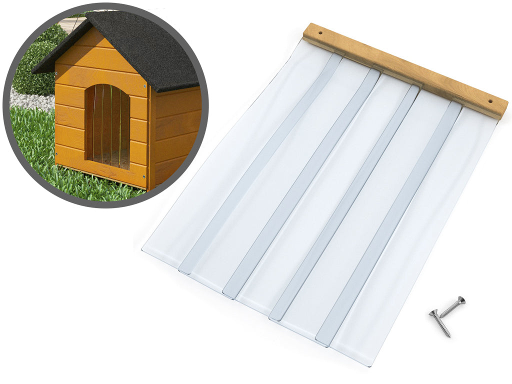 Chill kurtyna do budy dla psa 36 x 46 cm z PCW, wiatrołap z listwą i tabliczką – bezbarwna