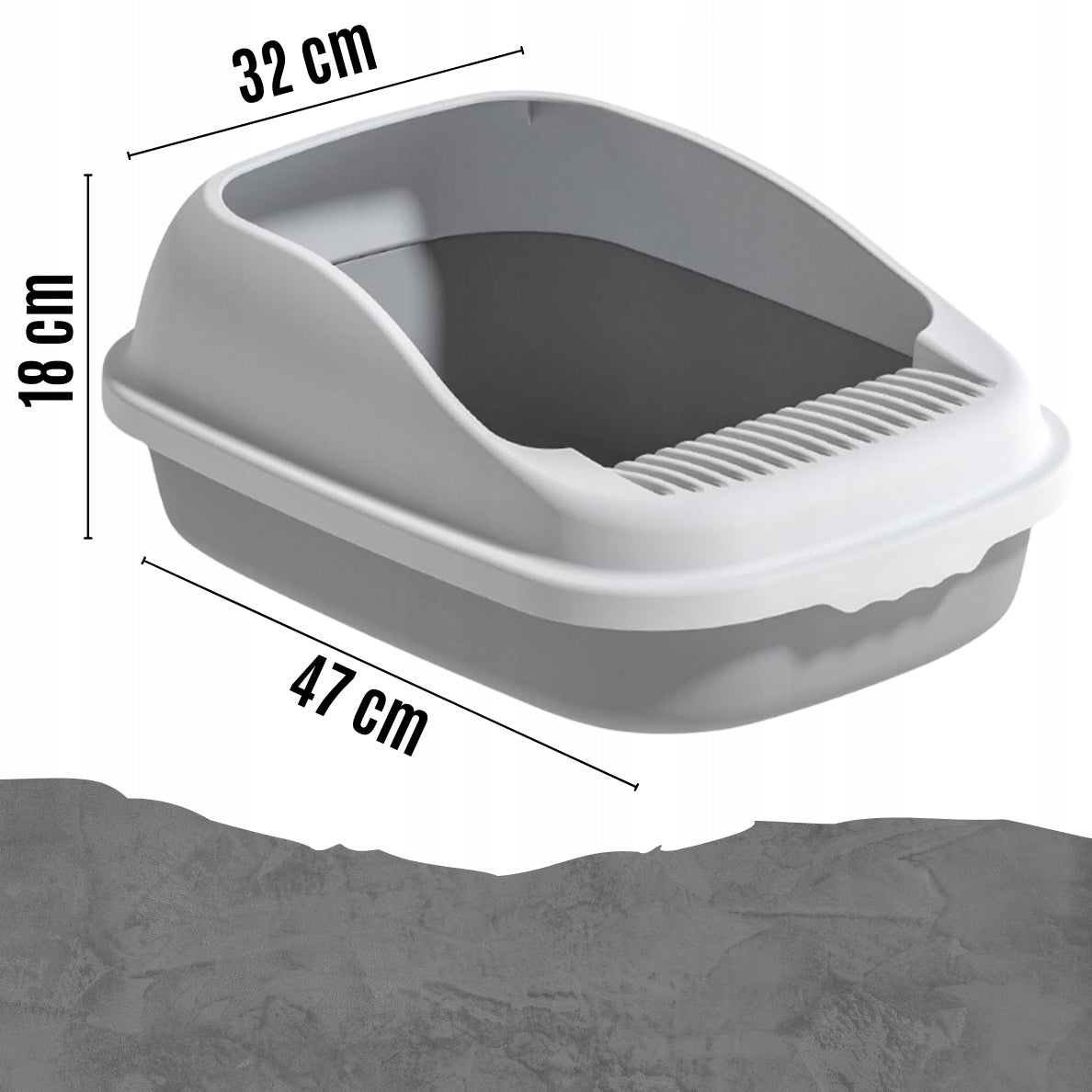 Kuweta dla kota otwarta duża 47 x 32 x 18 cm z łopatką, wytrzymały plastik – biała