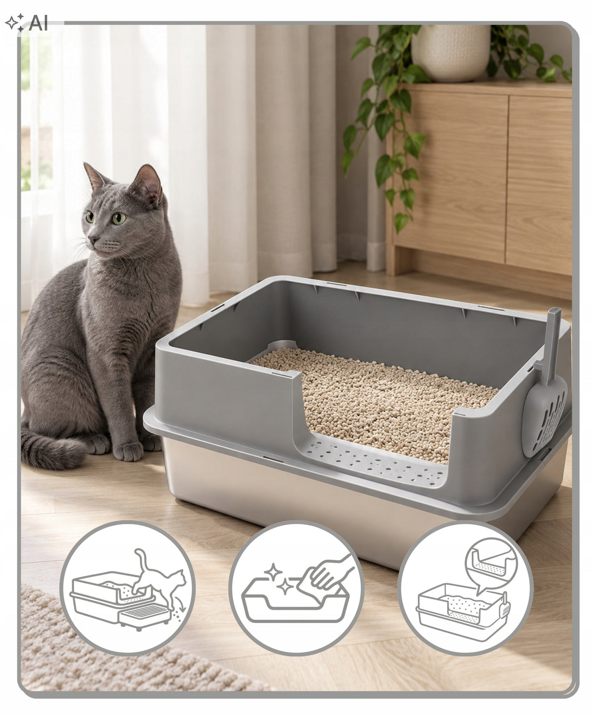 SIEMIEC Kuweta dla kota ze stali nierdzewnej 58 × 38 × 25 cm otwarta z łopatką – szara