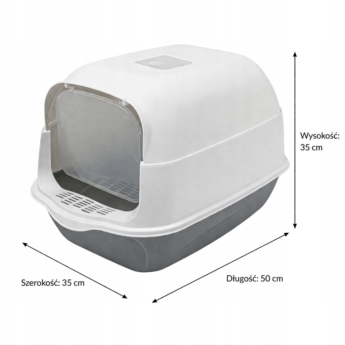 Kuweta zamknięta dla kota z filtrem zapachowym, drzwiczkami i łopatką 50 x 35 cm – szara