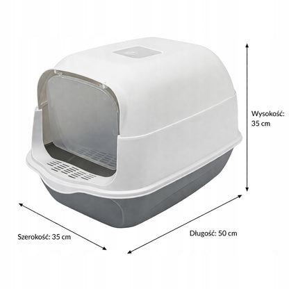 Kuweta zamknięta dla kota z filtrem zapachowym, drzwiczkami i łopatką 50 x 35 cm – szara