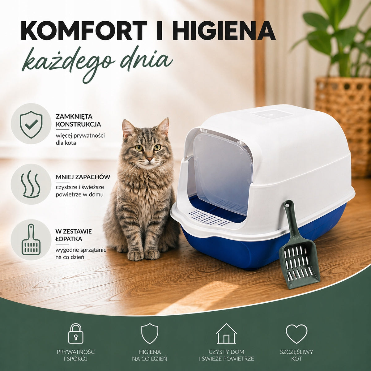 Temezis Kuweta zamknięta dla kota z filtrem i łopatką 50 x 35 x 35 cm, z drzwiczkami – niebieska