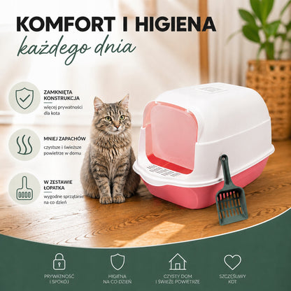 Kuweta zamknięta dla kota z filtrem zapachowym i łopatką 50 x 35 x 35 cm – różowa