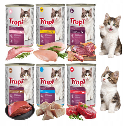 Tropi mokra karma dla kota w sosie, 24 x 415 g, 6 smaków – zestaw puszek 9,96 kg