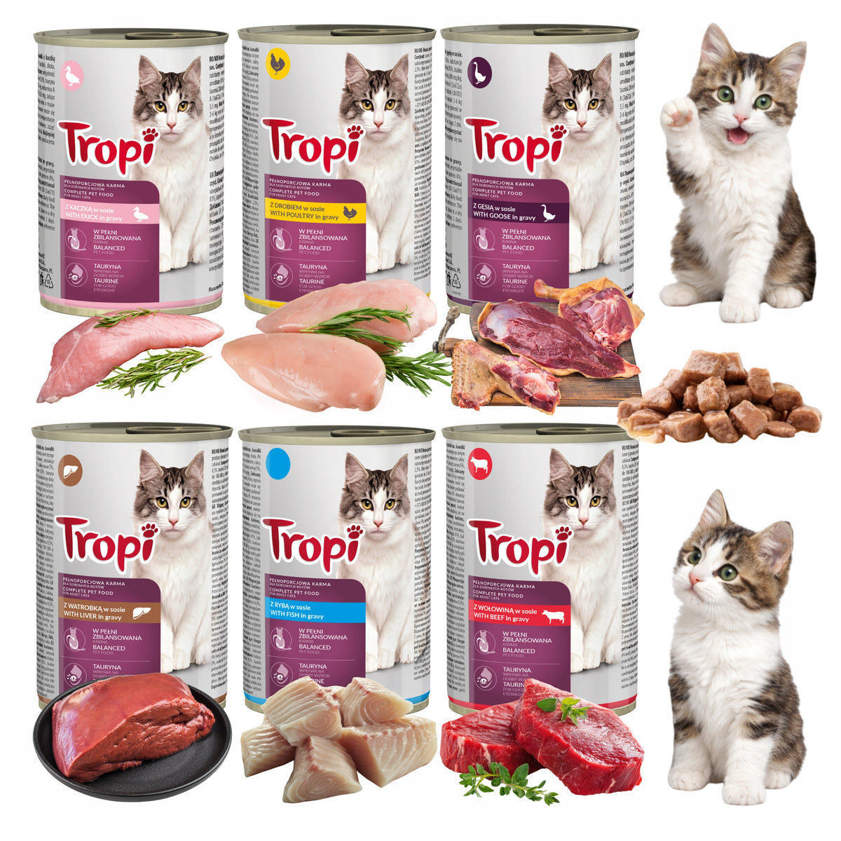 Tropi mokra karma dla kota w sosie, 24 x 415 g, 6 smaków – zestaw puszek 9,96 kg