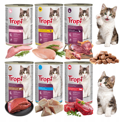 Tropi mokra karma dla kota w sosie, 24 x 415 g, 6 smaków – zestaw puszek 9,96 kg