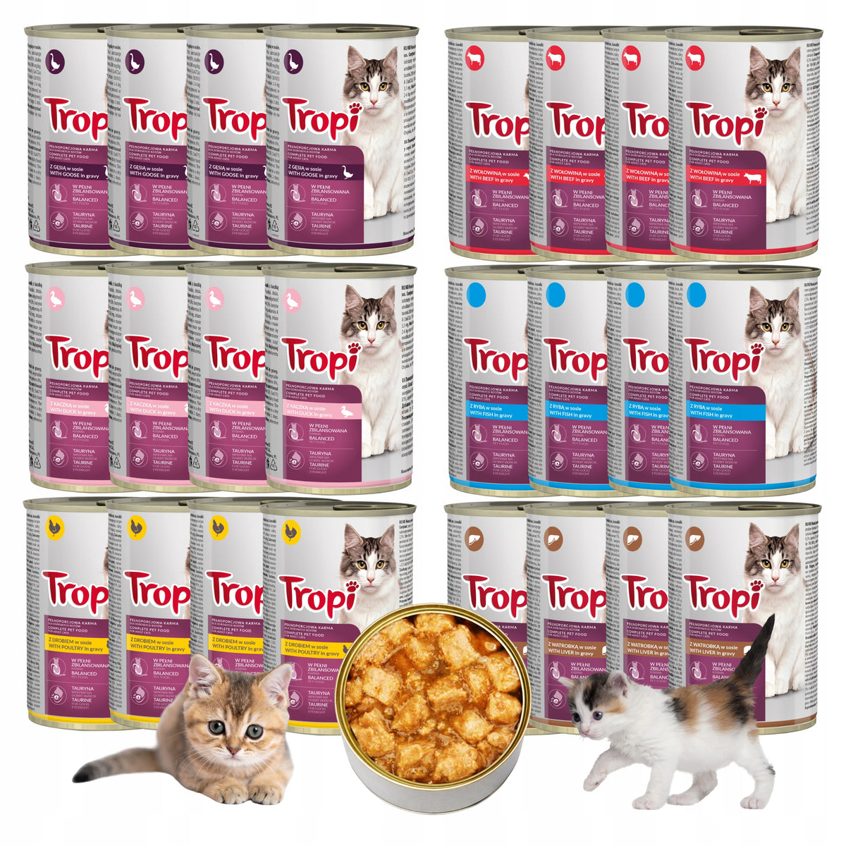 Tropi mokra karma dla kota w sosie, 24 x 415 g, 6 smaków – zestaw puszek 9,96 kg