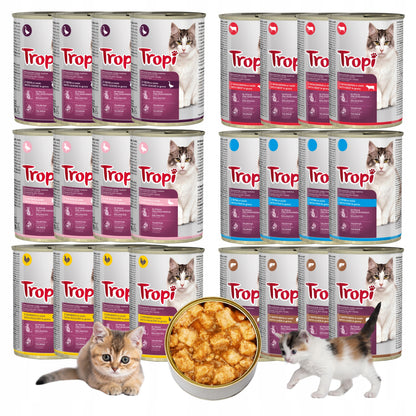 Tropi mokra karma dla kota w sosie, 24 x 415 g, 6 smaków – zestaw puszek 9,96 kg
