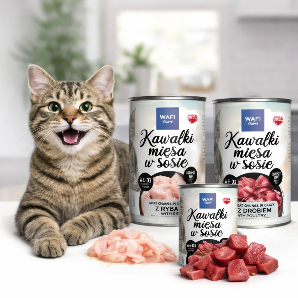 Wafi Mokra karma dla kota kawałki w sosie 24 x 415 g – puszki, mix wołowina i drób