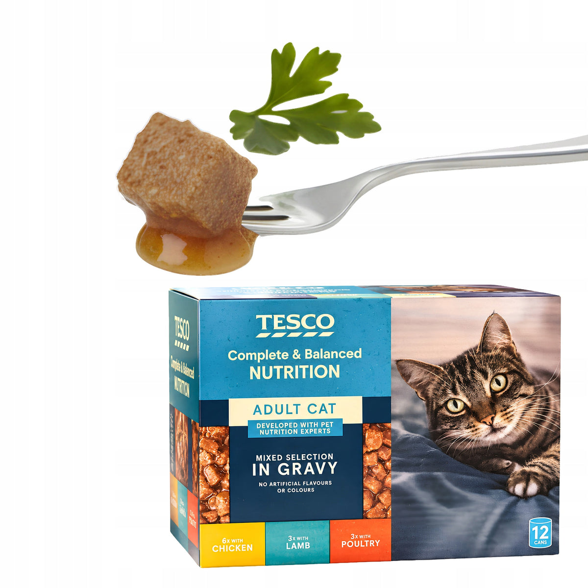 Tesco Karma mokra dla kota w sosie 12 x 400 g – kawałki bez ryby, mix smaków