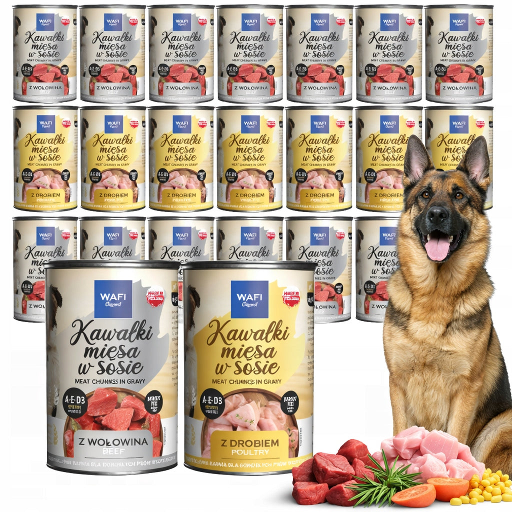 WAFI Karma mokra dla psa kawałki mięsa w sosie 24x415 g – mix wołowina i drób