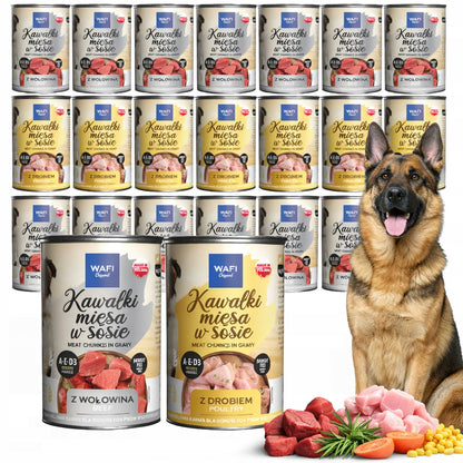 WAFI Karma mokra dla psa kawałki mięsa w sosie 24x415 g – mix wołowina i drób