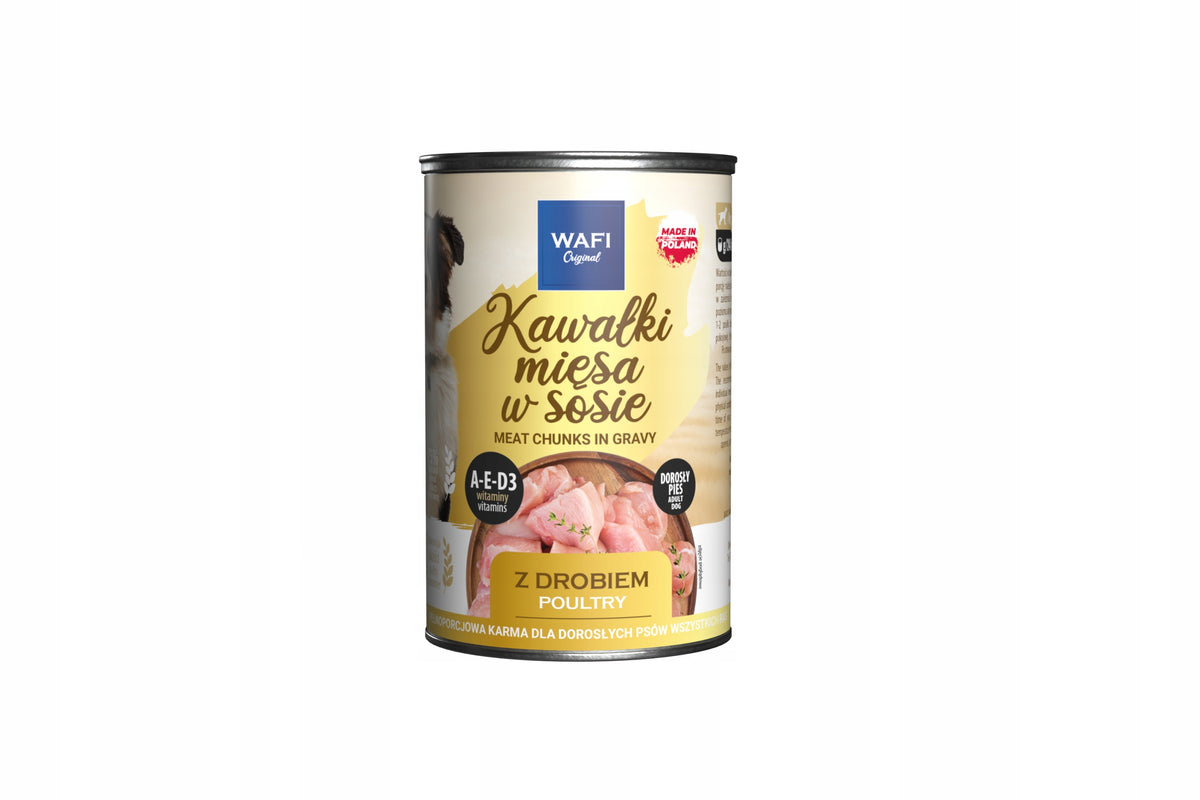 WAFI Karma mokra dla psa kawałki mięsa w sosie 24x415 g – mix wołowina i drób