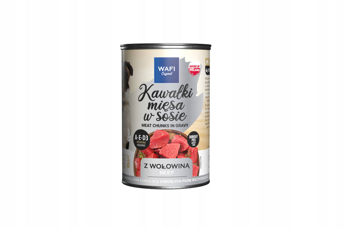 WAFI Karma mokra dla psa kawałki mięsa w sosie 24x415 g – mix wołowina i drób