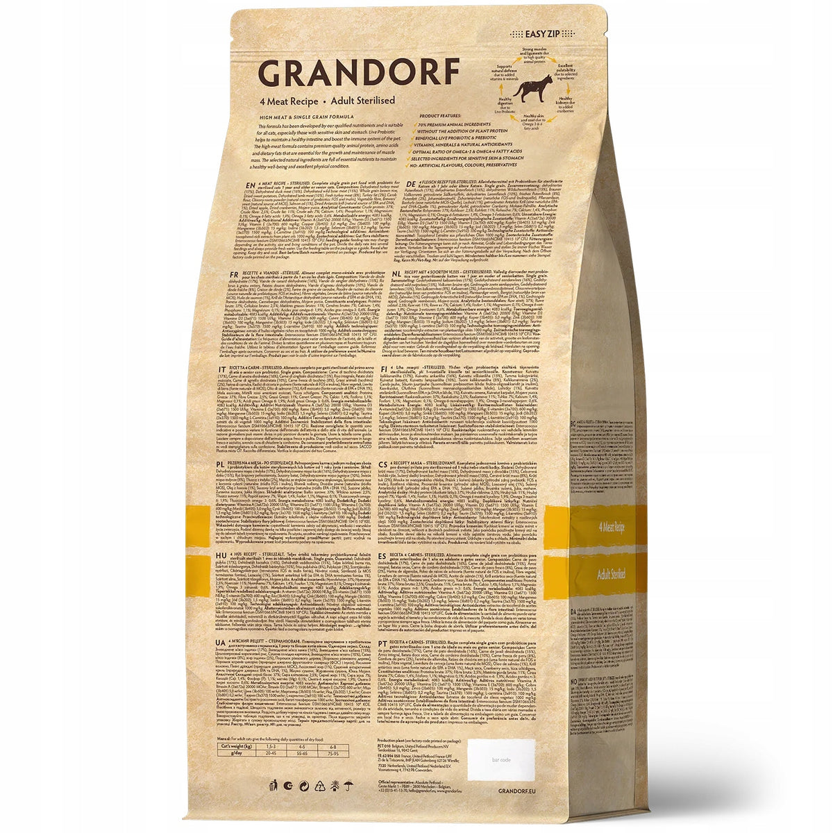 Grandorf Karma sucha dla kota sterylizowanego 2 kg bez zbóż, 4 mięsa z probiotykiem
