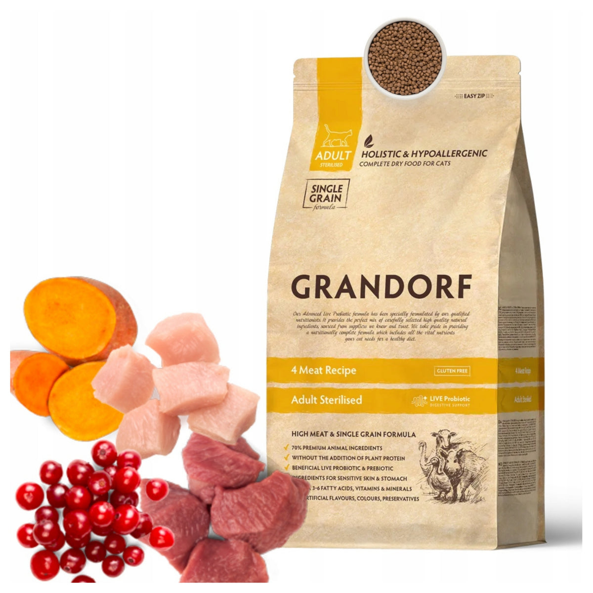 Grandorf Karma sucha dla kota sterylizowanego 2 kg bez zbóż, 4 mięsa z probiotykiem