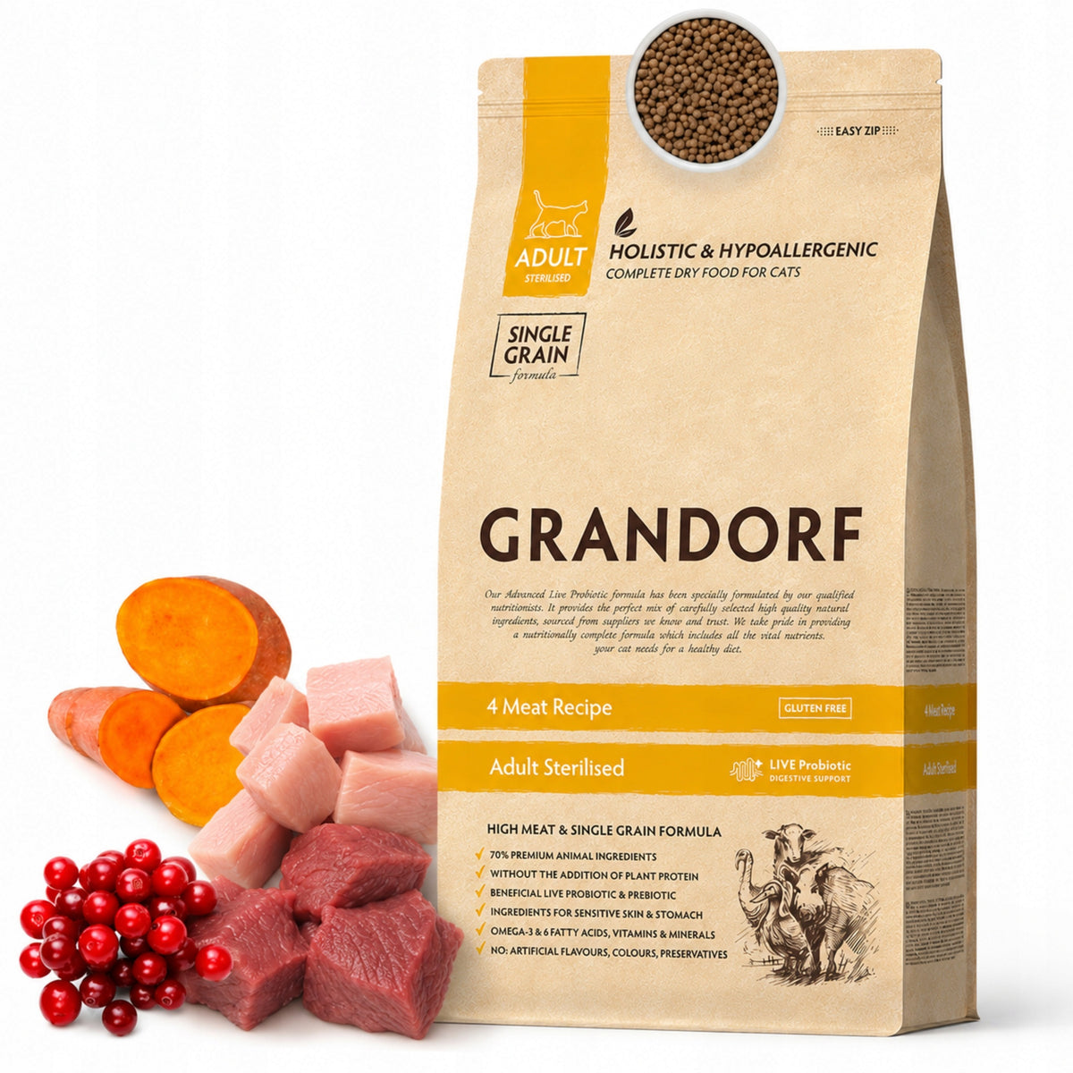 Grandorf Karma sucha dla kota sterylizowanego 2 kg bez zbóż, 4 mięsa z probiotykiem