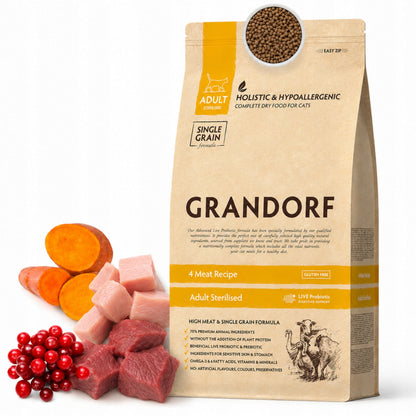 Grandorf Karma sucha dla kota sterylizowanego 2 kg bez zbóż, 4 mięsa z probiotykiem