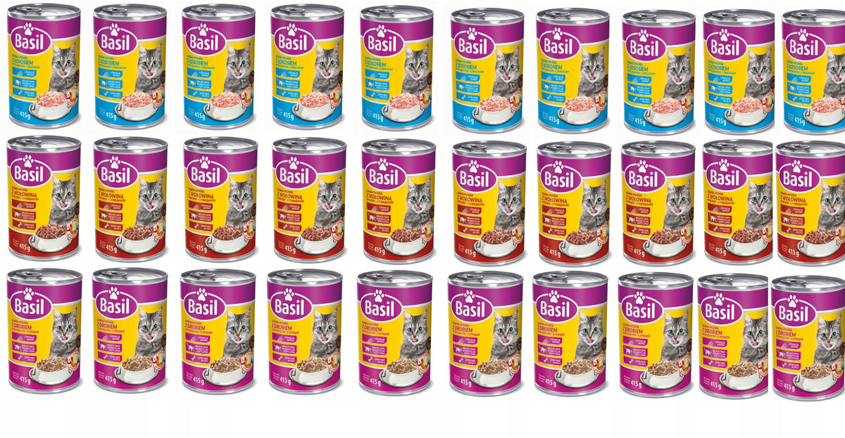 Basil mokra karma dla kota w puszkach 30 x 415 g – mix smaków drób, wołowina, łosoś