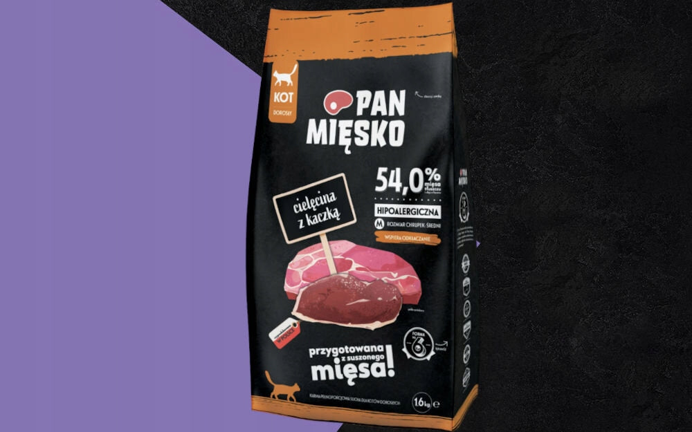 Pan Mięsko sucha karma dla kota cielęcina z kaczką, granulat M – 2 x 1,6 kg