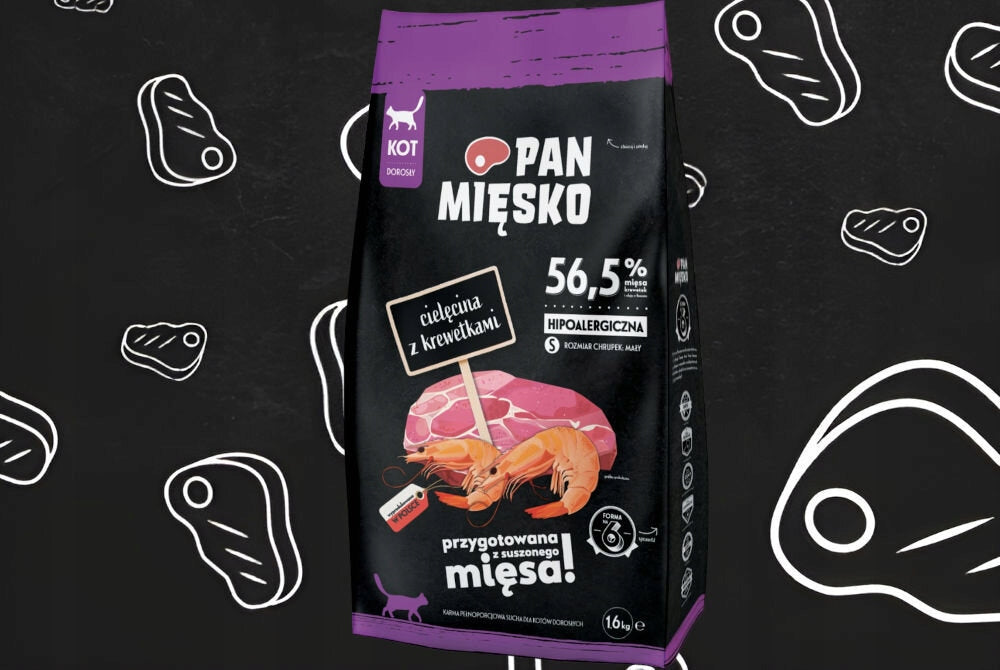 Pan Mięsko sucha karma dla kota bezzbożowa 2 x 1,6 kg – cielęcina z krewetkami, chrupki S