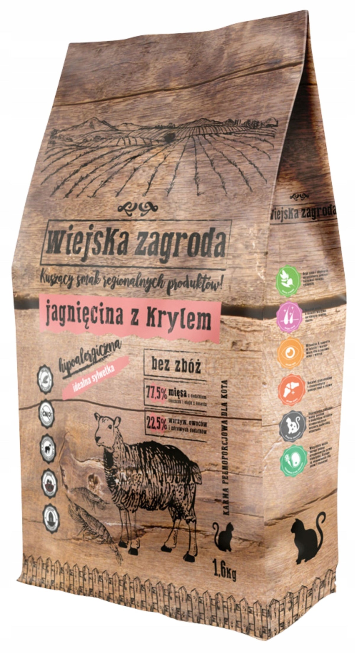 Wiejska Zagroda sucha karma dla kota bez zbóż 1,6 kg – dla dorosłych kotów, jagnięcina z krylem