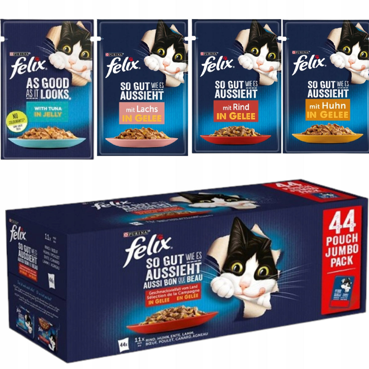 Felix Fantastic mokra karma dla kota w galarecie 44 x 85 g – bezzbożowa, mięsne smaki