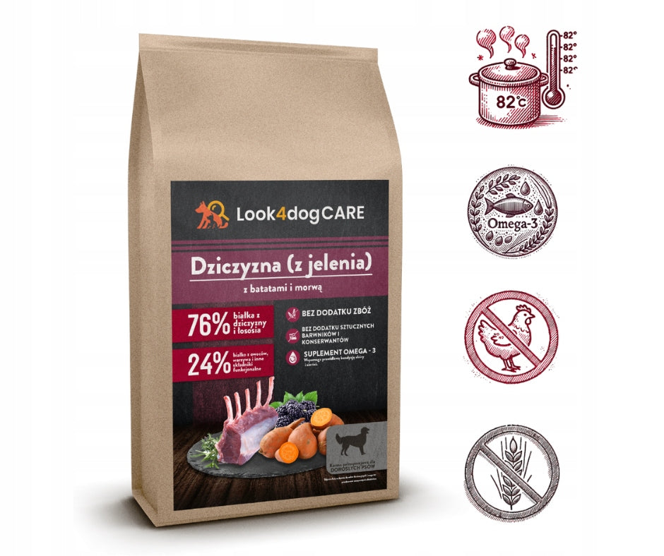 Look4dog CARE sucha karma dla psa z jeleniem i łososiem bez zbóż 12 kg – hipoalergiczna