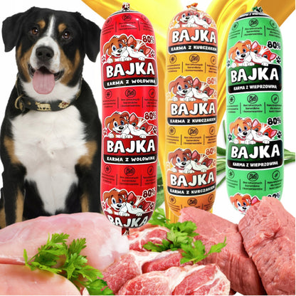 Bajka Mokra karma dla psa w batonie 1 kg, 80% i 90% mięsa, 3 smaki – zestaw 29 szt.