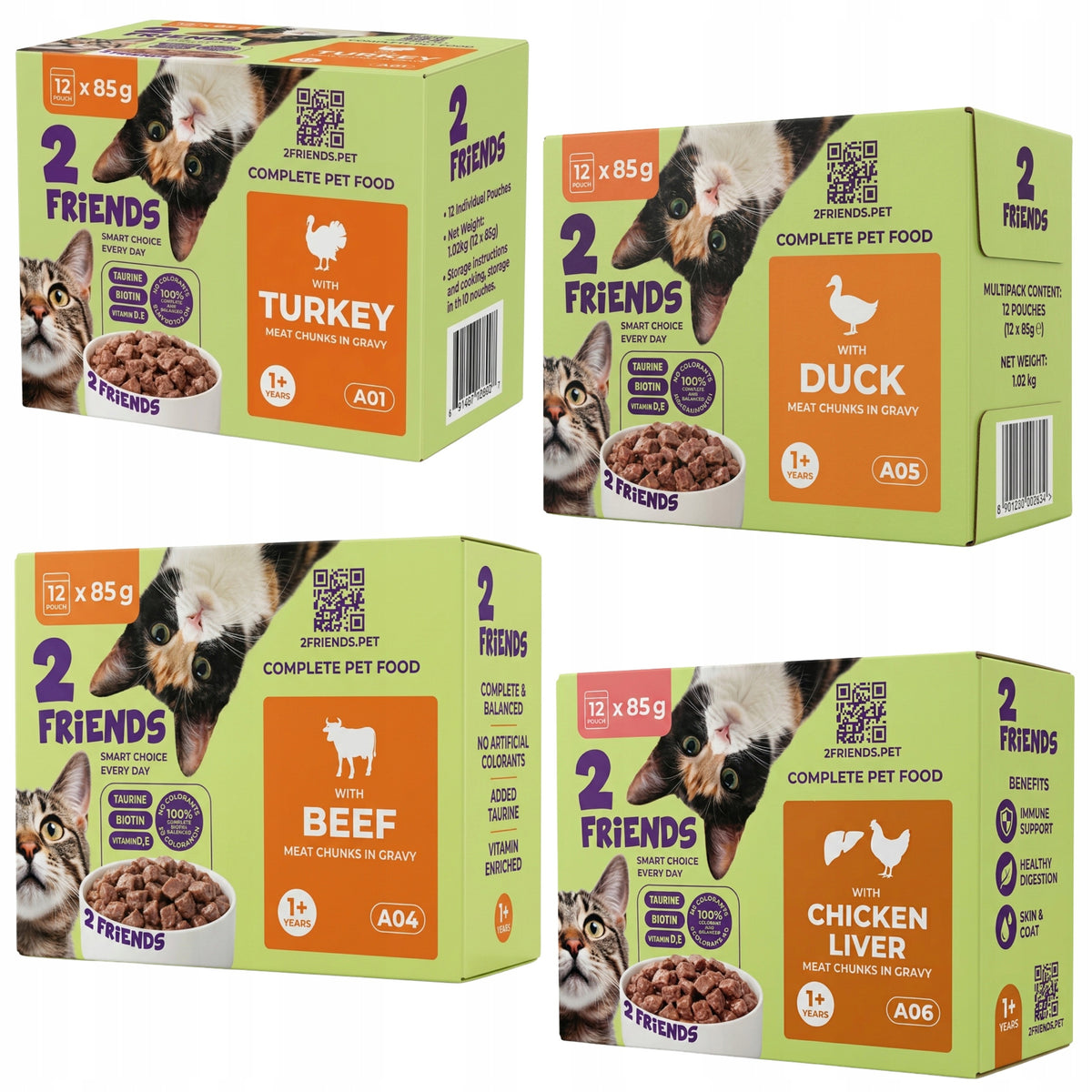 2 FRIENDS Karma mokra dla kota 48 x 85 g – mix 4 smaków w saszetkach, bez cukru, 4,08 kg