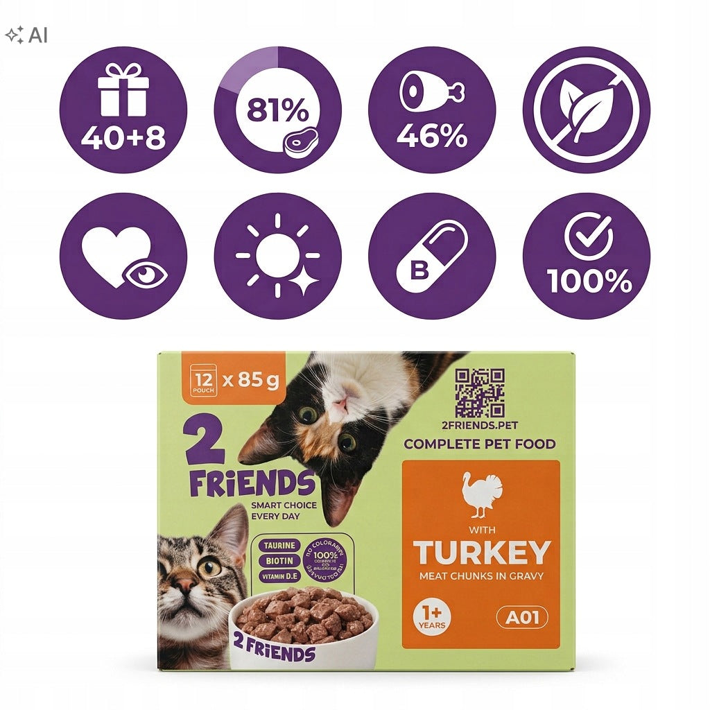 2 FRIENDS Karma mokra dla kota 48 x 85 g – mix 4 smaków w saszetkach, bez cukru, 4,08 kg