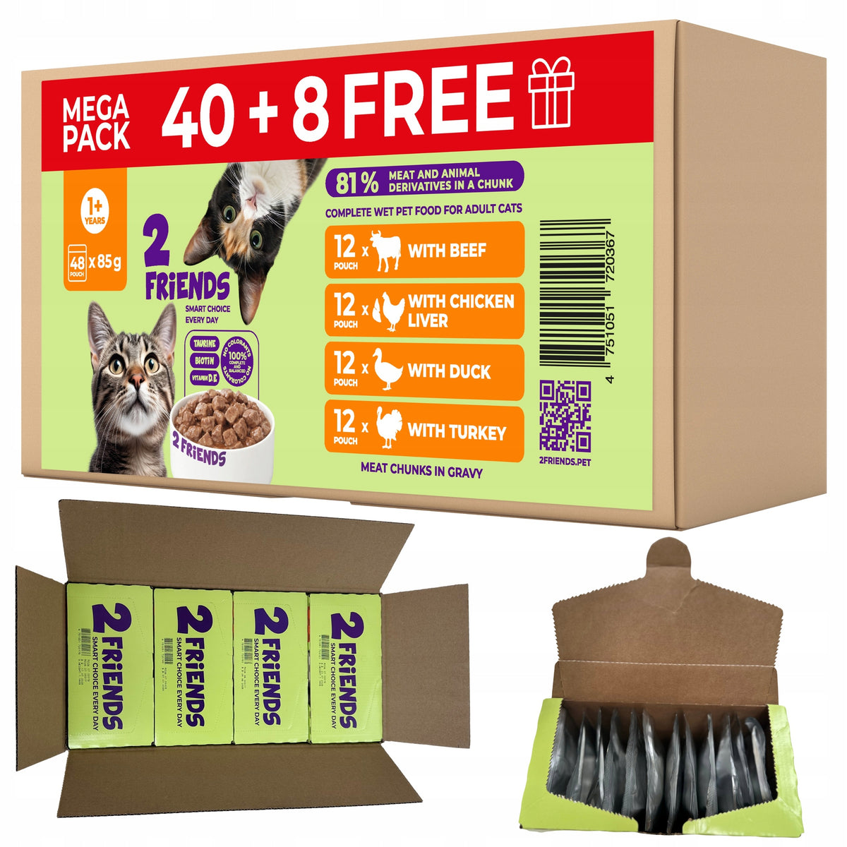 2 FRIENDS Karma mokra dla kota 48 x 85 g – mix 4 smaków w saszetkach, bez cukru, 4,08 kg