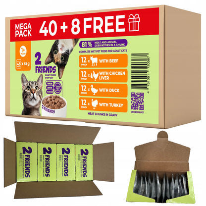 2 FRIENDS Karma mokra dla kota 48 x 85 g – mix 4 smaków w saszetkach, bez cukru, 4,08 kg