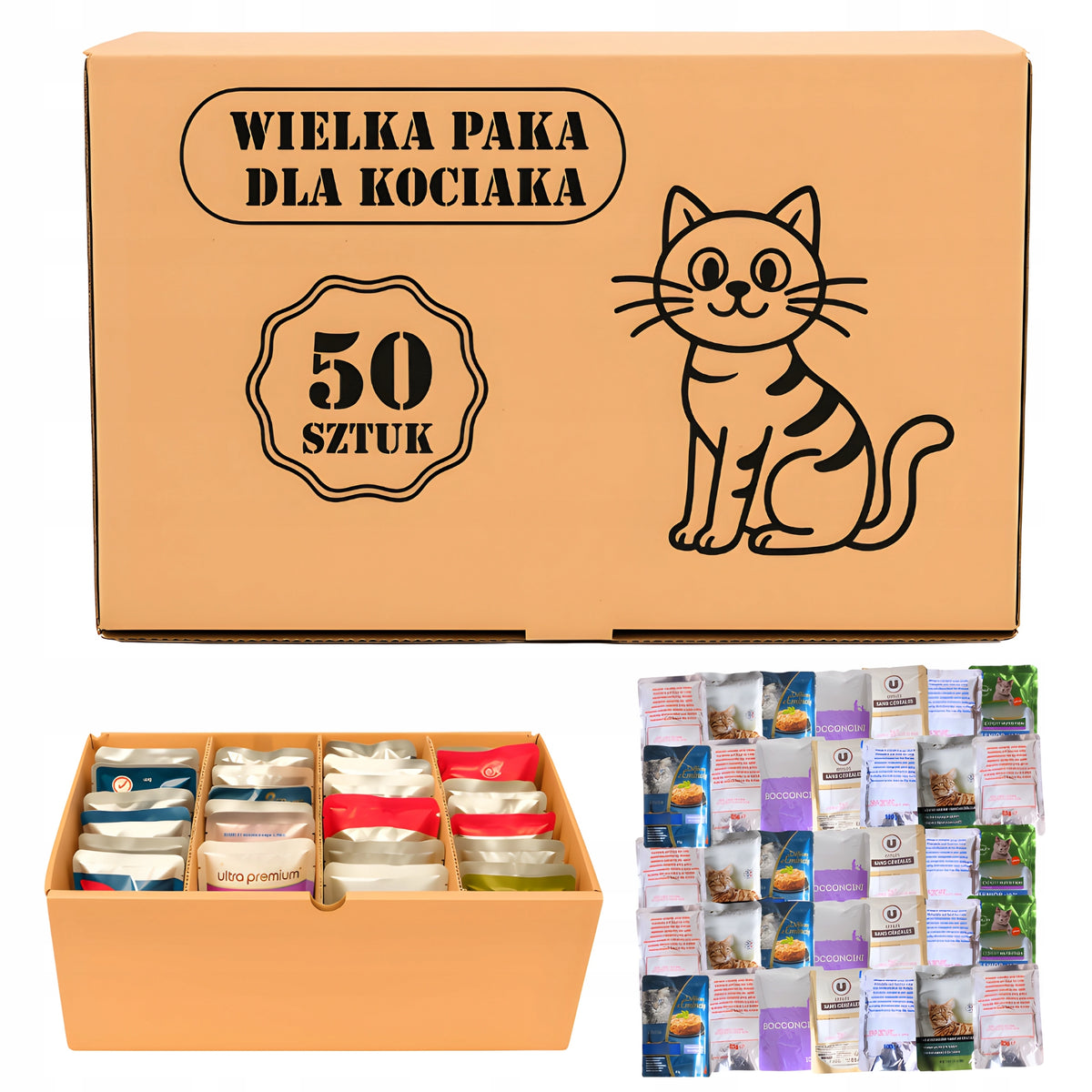 Wielka Paka karma mokra dla kota dorosłego 50 saszetek bez cukru – mix smaków