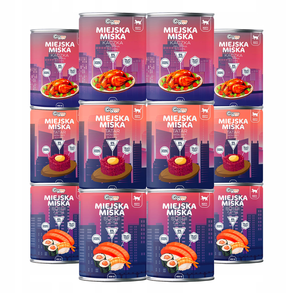 Gaczoo Miejska Miska karma mokra dla kota bezzbożowa 12 x 400 g – mix smaków