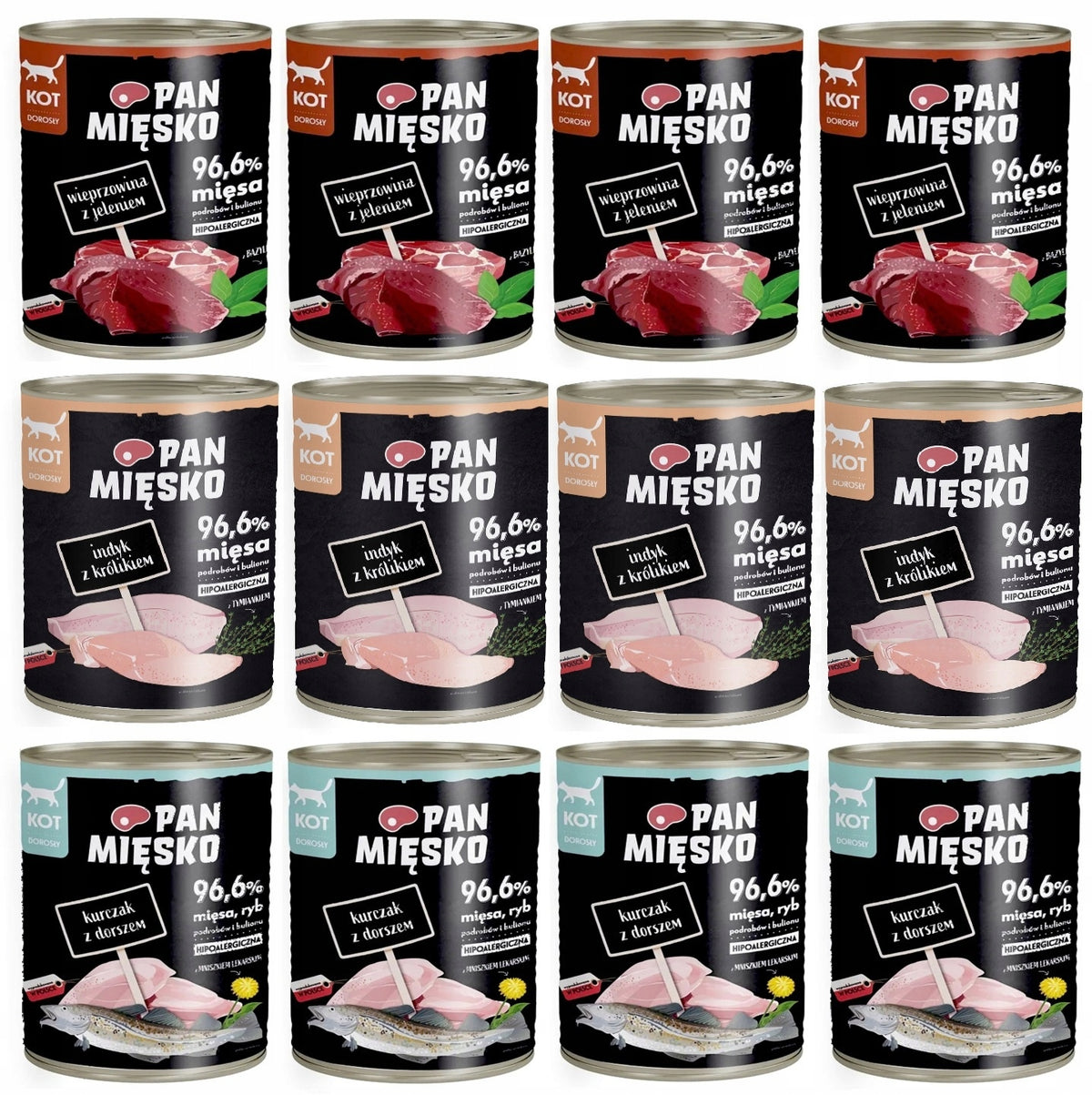 Pan Mięsko karma mokra dla kota 12 x 400 g bezzbożowa w puszkach – mix 3 smaków