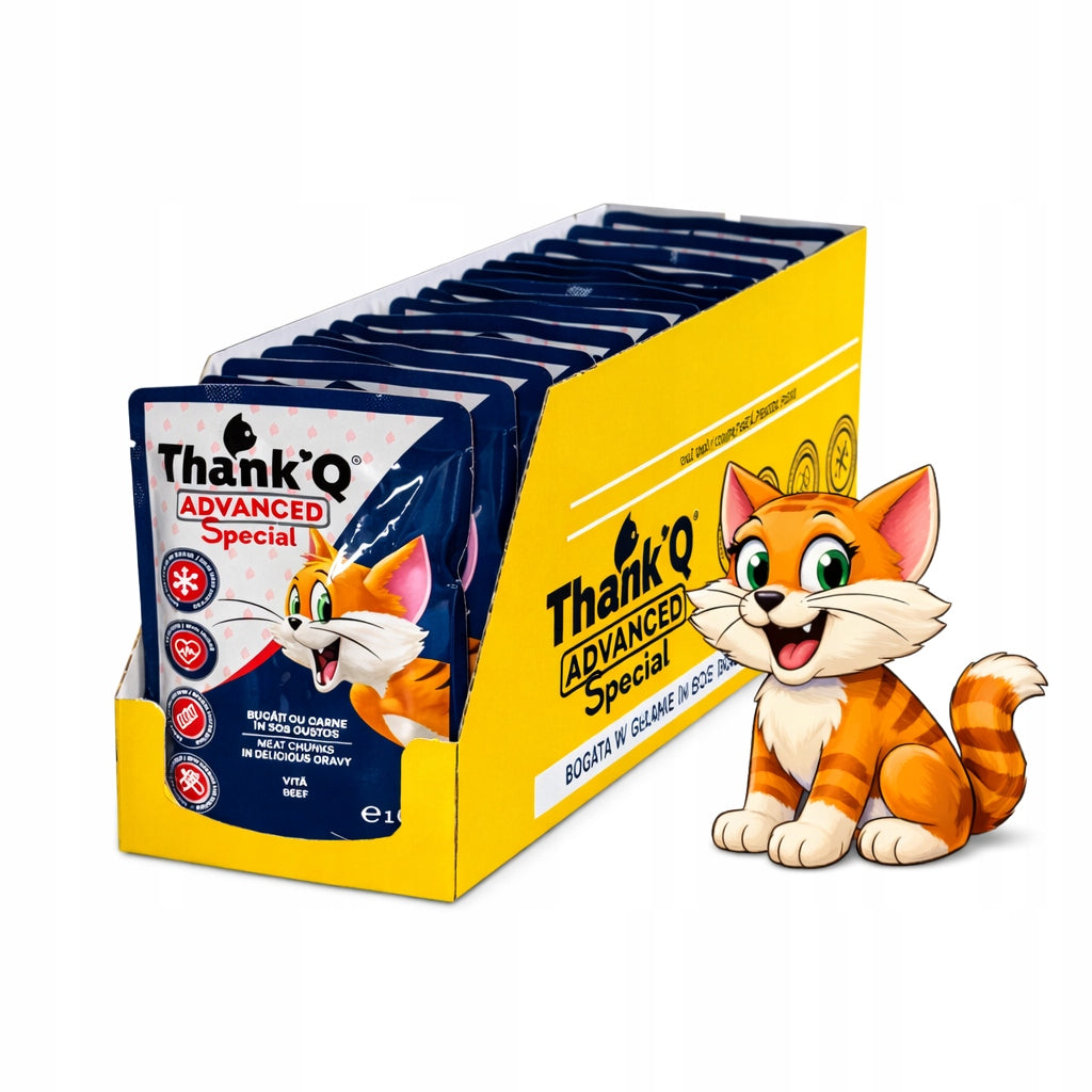 Thank'Q Karma mokra dla kota z wołowiną 24 x 100 g – saszetki w sosie dla kotów dorosłych
