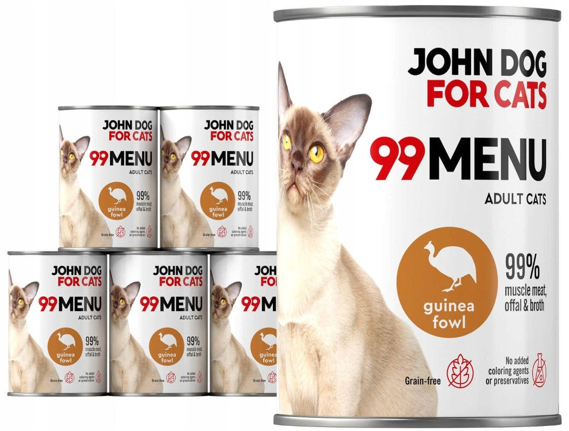 John Dog for Cats karma mokra dla kota 99% mięsa, bezzbożowa, 6 x 400 g – perliczka z kurczakiem