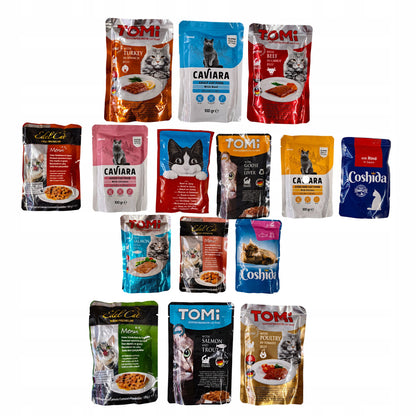 Mokra karma dla kota dorosłego, zestaw 50 saszetek 85 g i 100 g – mix smaków i marek