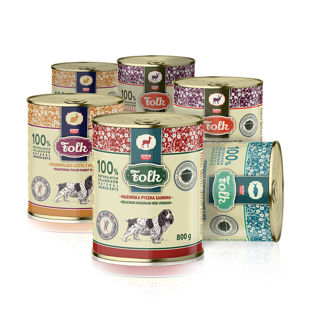 FOLK Karma mokra dla psa bezzbożowa 6 x 800 g – bez kurczaka, mix smaków