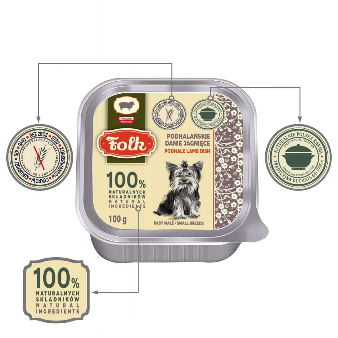 FOLK Karma mokra dla psa z jagnięciną 10 x 100 g – bezzbożowa, dla małych ras